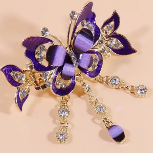 Purple Butterfly Hair Clip with Clear Rhinestones, Tassel and Glitter - NWT - Picture 5 of 6